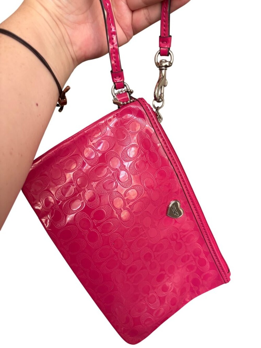 Coach Hot Pink Patent Leather Wristlet With Heart Charm & Embossed Logo Design